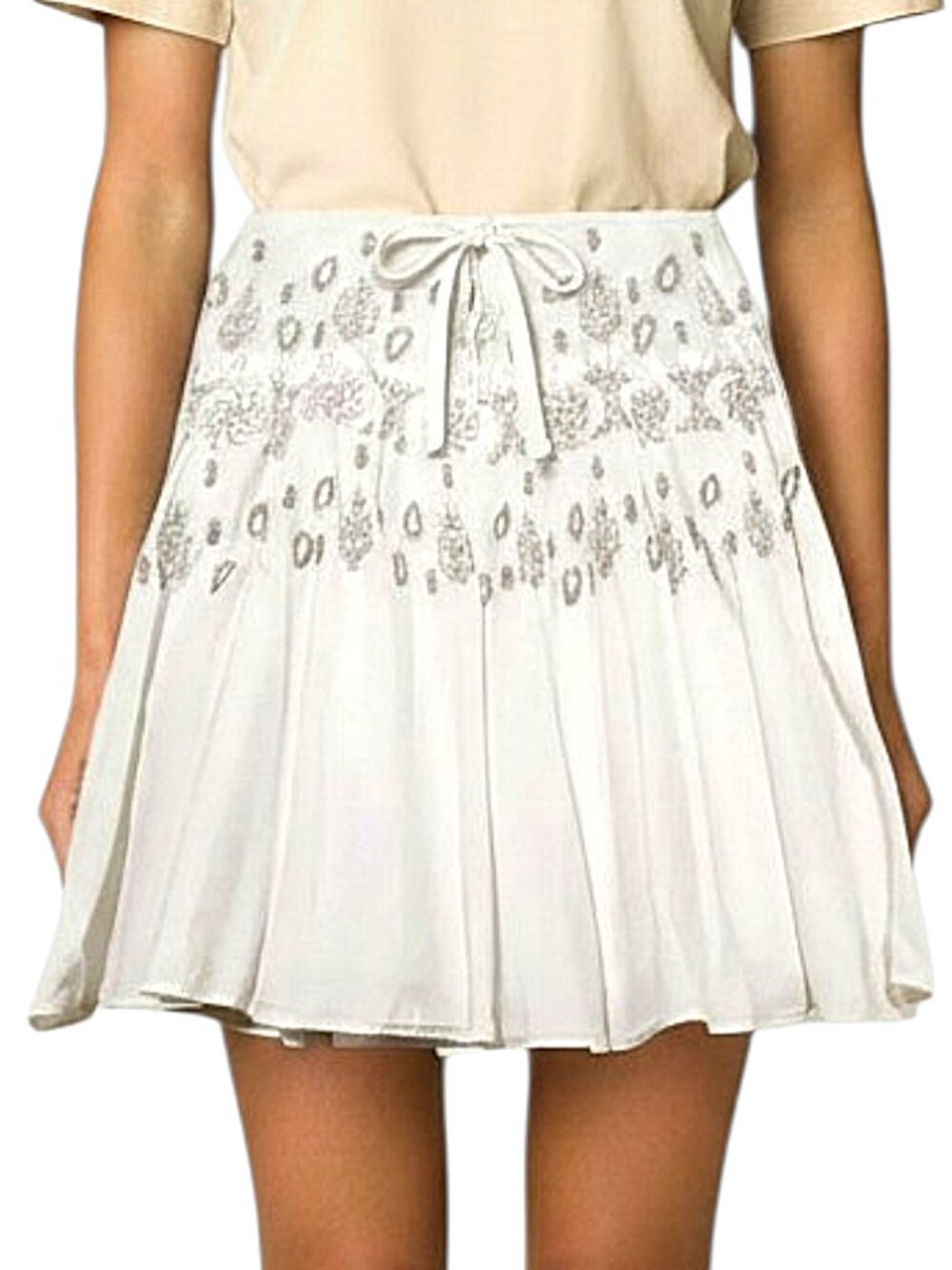 Guess Boho A-Line Crinkle Skirt White Tan Embroidery Adjustable Good Cond - L